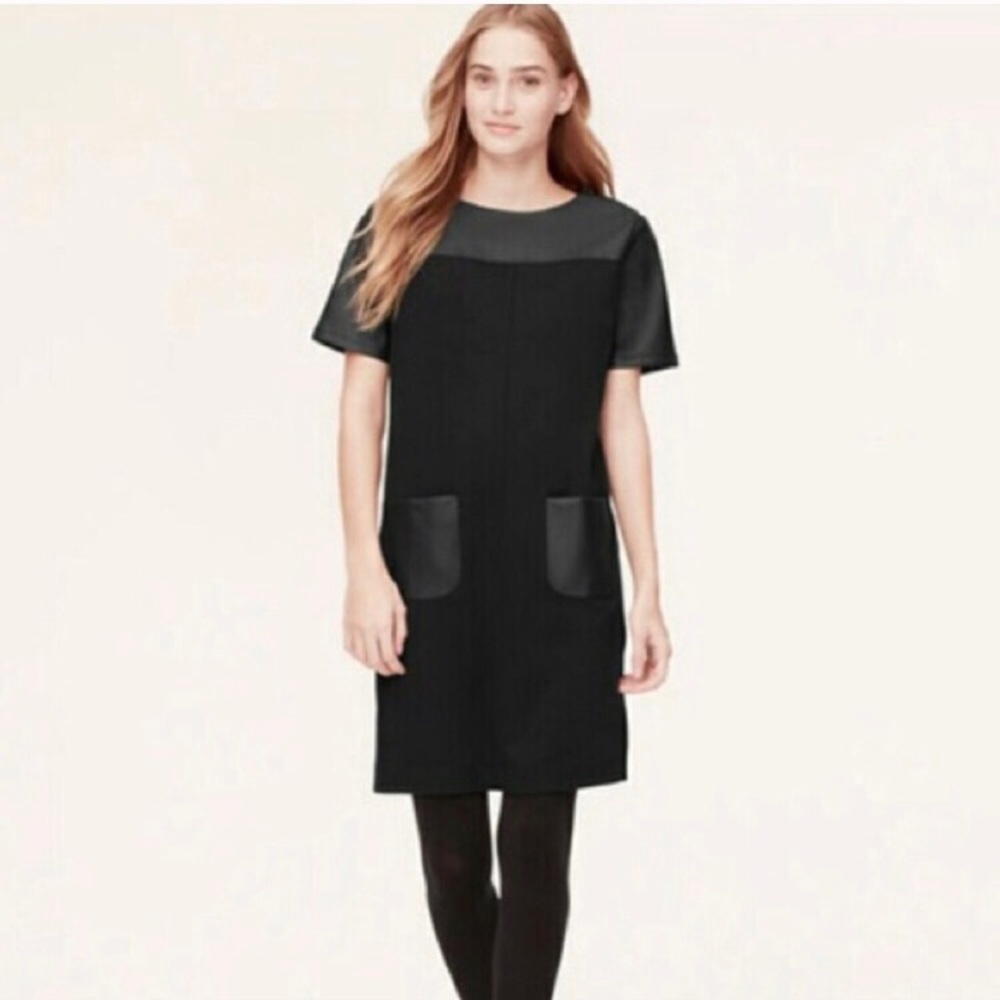 LOFT Black faux leather ponte dress